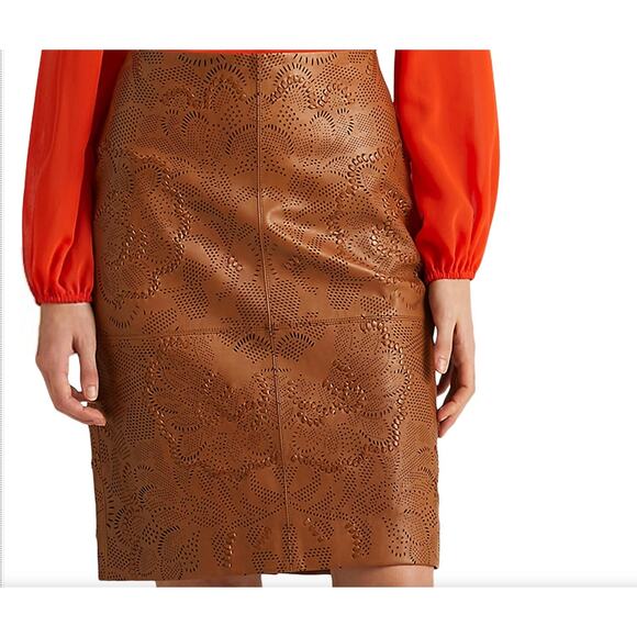 NEW Lauren Ralph Lauren Black Label Tooled Leather Pencil Skirt Sz 10 Brown Luxe - Picture 12 of 13